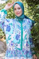 Tesettür giyim YEŞİL ETNİK DESENLİ DÜĞMELİ ELBİSE T 9433