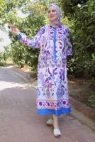 Tesettür giyim MOR ETNİK DESENLİ DÜĞMELİ ELBİSE T 9433