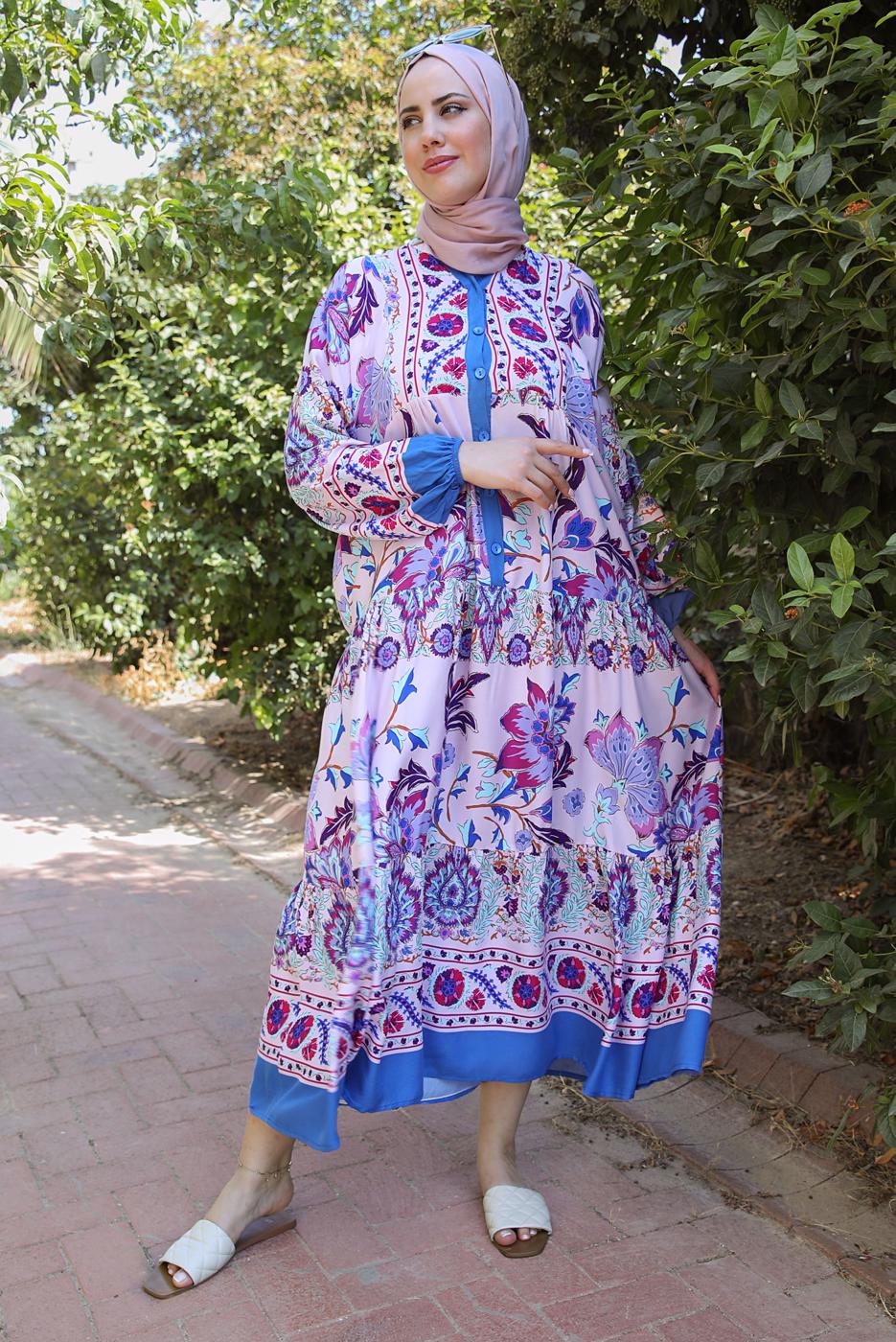 Tesettür giyim MOR ETNİK DESENLİ DÜĞMELİ ELBİSE T 9433