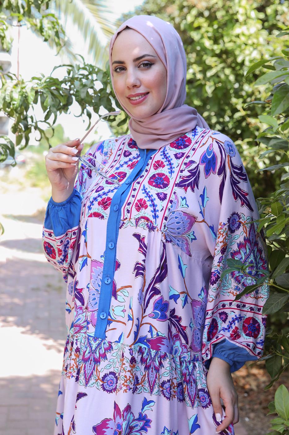 Tesettür giyim MOR ETNİK DESENLİ DÜĞMELİ ELBİSE T 9433