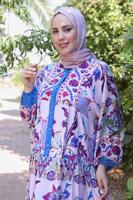 Tesettür giyim MOR ETNİK DESENLİ DÜĞMELİ ELBİSE T 9433