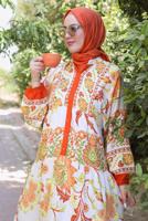 Tesettür giyim TURUNCU ETNİK DESENLİ DÜĞMELİ ELBİSE T 9433