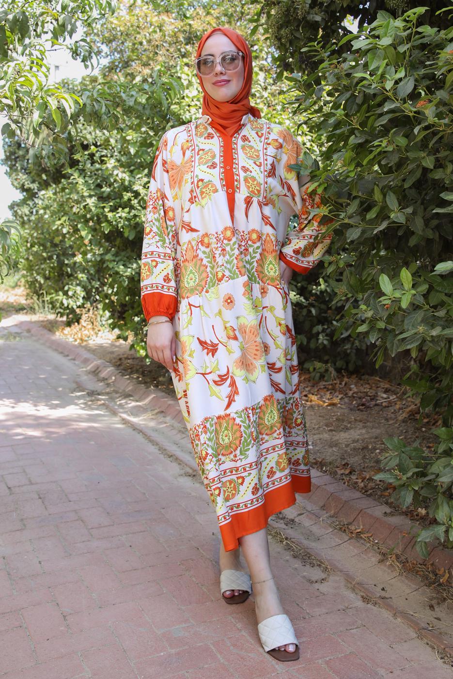 Tesettür giyim TURUNCU ETNİK DESENLİ DÜĞMELİ ELBİSE T 9433