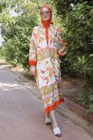 Tesettür giyim TURUNCU ETNİK DESENLİ DÜĞMELİ ELBİSE T 9433