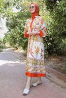 Tesettür giyim TURUNCU ETNİK DESENLİ DÜĞMELİ ELBİSE T 9433