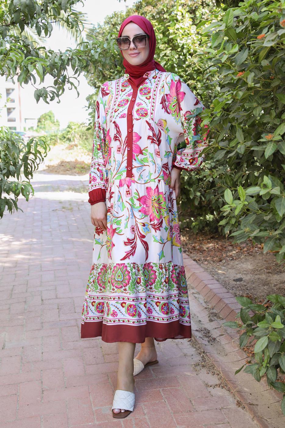 Tesettür giyim BORDO ETNİK DESENLİ DÜĞMELİ ELBİSE T 9433