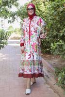 Tesettür giyim BORDO ETNİK DESENLİ DÜĞMELİ ELBİSE T 9433