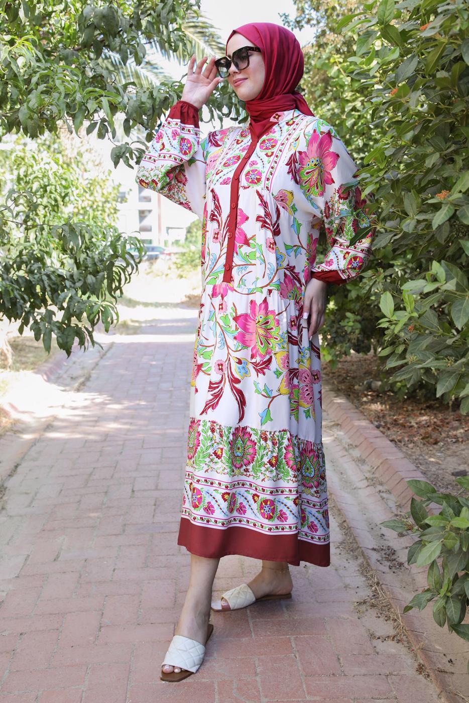 Tesettür giyim BORDO ETNİK DESENLİ DÜĞMELİ ELBİSE T 9433