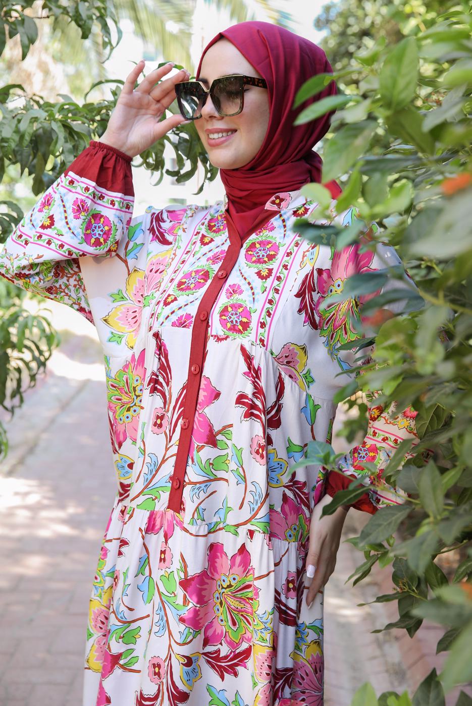 Tesettür giyim BORDO ETNİK DESENLİ DÜĞMELİ ELBİSE T 9433