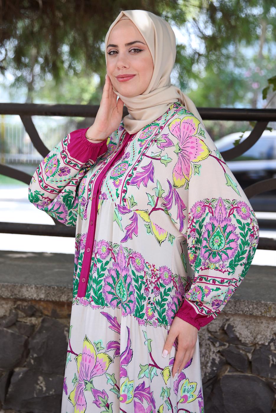 Tesettür giyim FUŞYA ETNİK DESENLİ DÜĞMELİ ELBİSE T 9433