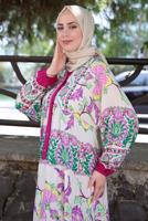 Tesettür giyim FUŞYA ETNİK DESENLİ DÜĞMELİ ELBİSE T 9433