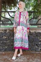 Tesettür giyim FUŞYA ETNİK DESENLİ DÜĞMELİ ELBİSE T 9433