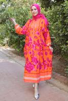 Tesettür giyim TURUNCU DESENLİ DÜĞMELİ YARASA KOL ELBİSE T 9433-1