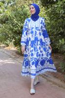 Tesettür giyim LACİVERT DESENLİ DÜĞMELİ YARASA KOL ELBİSE T 9433-1