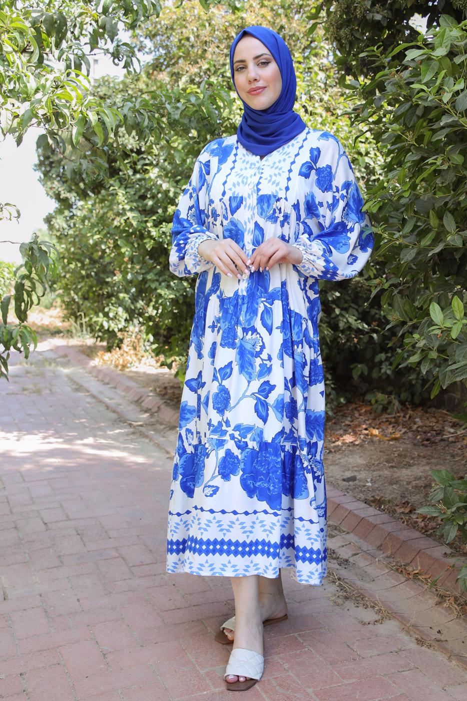 Tesettür giyim LACİVERT DESENLİ DÜĞMELİ YARASA KOL ELBİSE T 9433-1