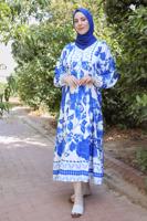 Tesettür giyim LACİVERT DESENLİ DÜĞMELİ YARASA KOL ELBİSE T 9433-1