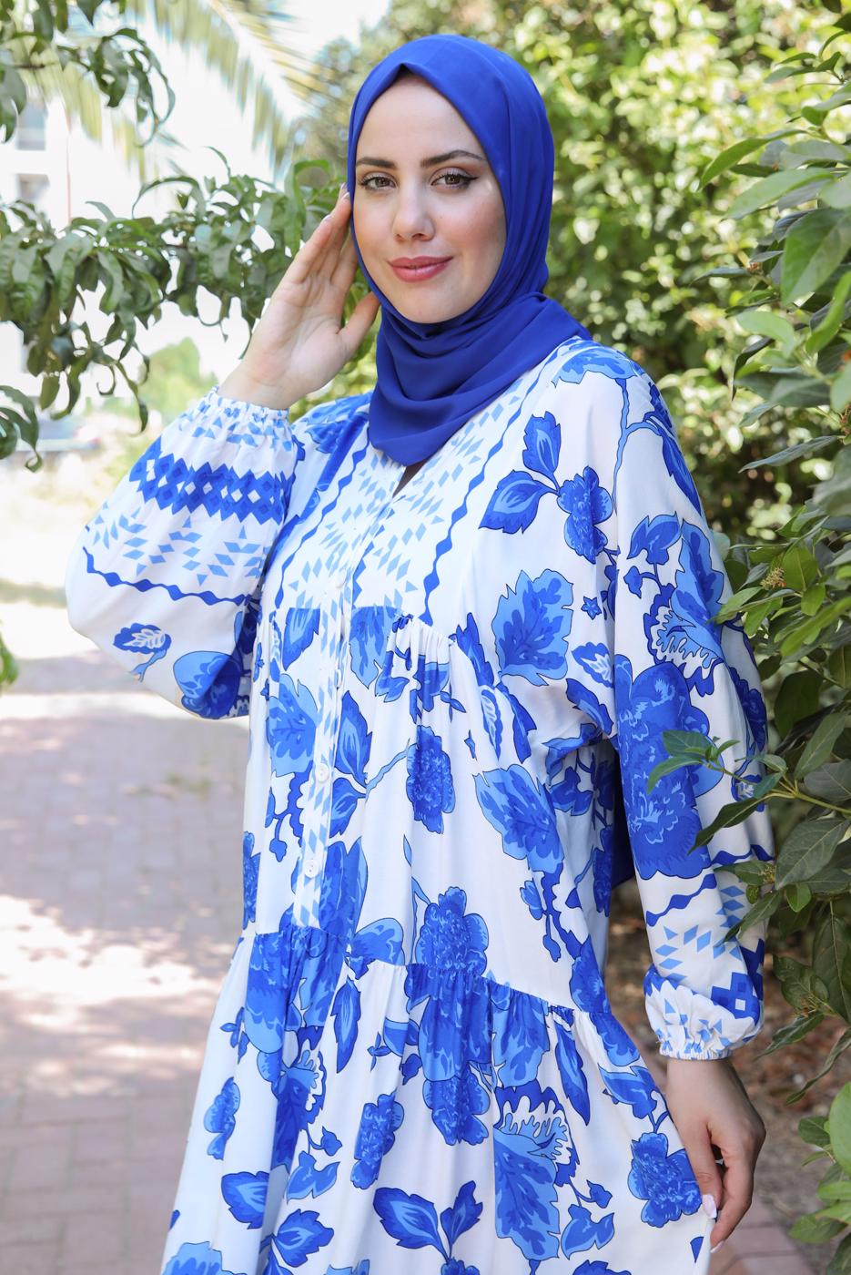 Tesettür giyim LACİVERT DESENLİ DÜĞMELİ YARASA KOL ELBİSE T 9433-1