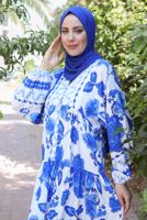 Tesettür giyim LACİVERT DESENLİ DÜĞMELİ YARASA KOL ELBİSE T 9433-1