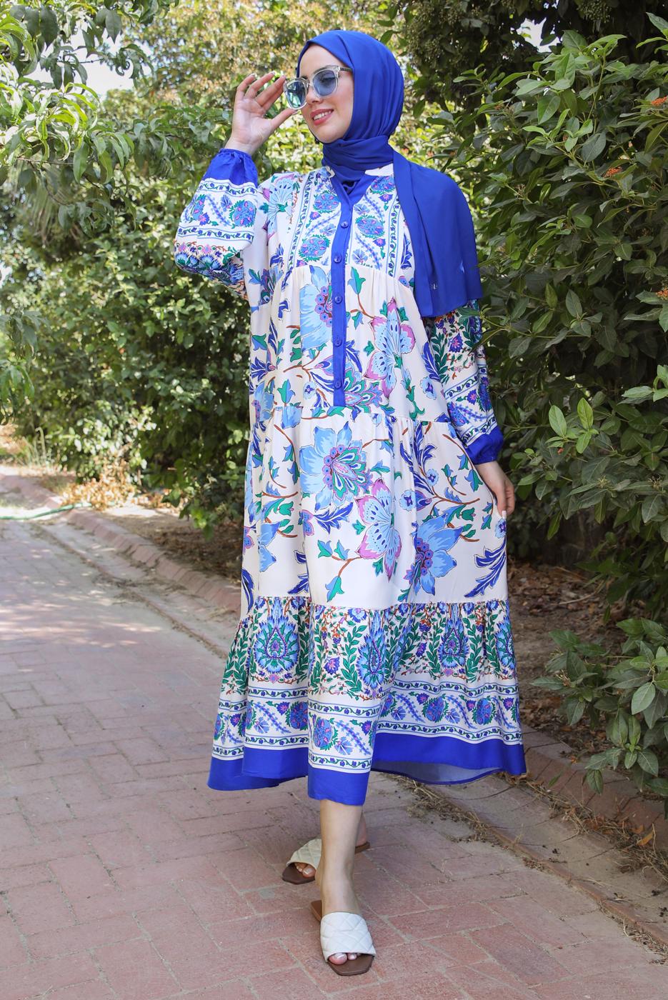 Tesettür giyim LACİVERT ETNİK DESENLİ DÜĞMELİ ELBİSE T 9433