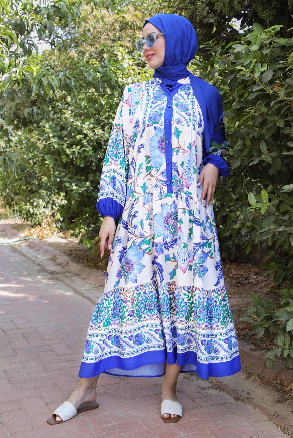 Tesettür giyim LACİVERT ETNİK DESENLİ DÜĞMELİ ELBİSE T 9433