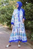 Tesettür giyim LACİVERT ETNİK DESENLİ DÜĞMELİ ELBİSE T 9433