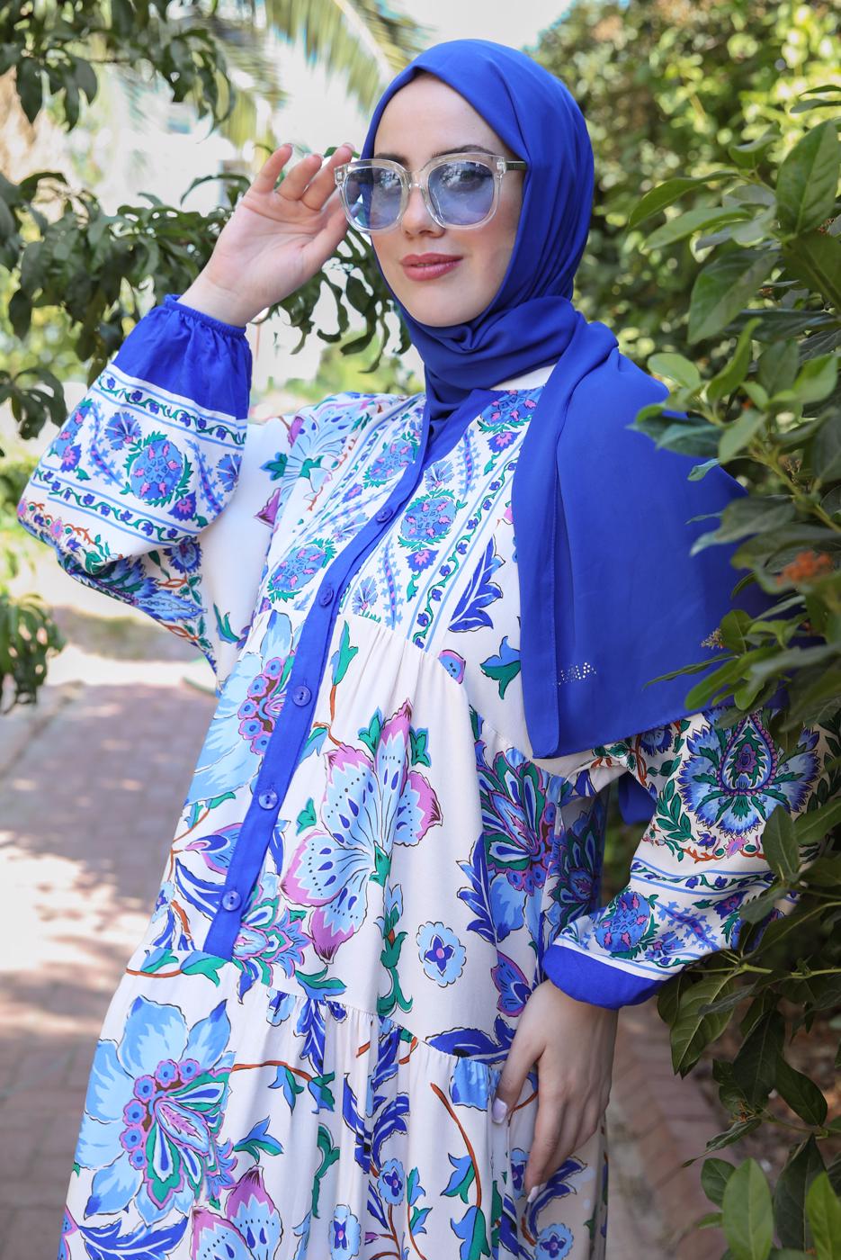 Tesettür giyim LACİVERT ETNİK DESENLİ DÜĞMELİ ELBİSE T 9433