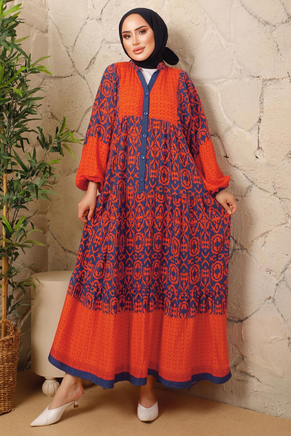 Tesettür giyim TURUNCU ETNİK DESENLİ DÜĞMELİ ELBİSE T 9433-2