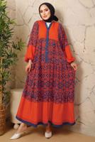 Tesettür giyim TURUNCU ETNİK DESENLİ DÜĞMELİ ELBİSE T 9433-2