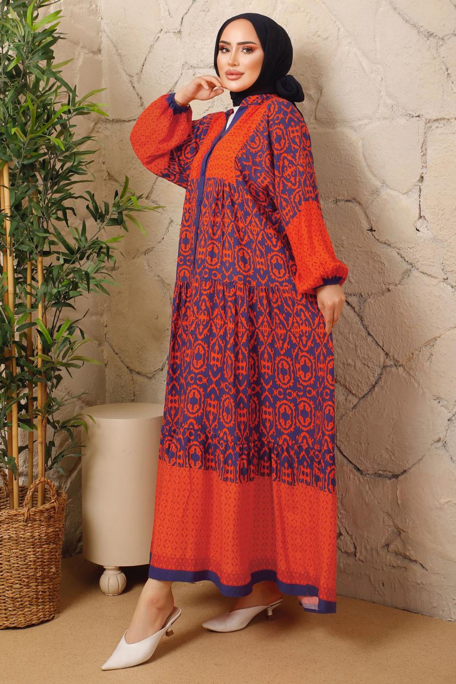 Tesettür giyim TURUNCU ETNİK DESENLİ DÜĞMELİ ELBİSE T 9433-2