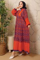 Tesettür giyim TURUNCU ETNİK DESENLİ DÜĞMELİ ELBİSE T 9433-2