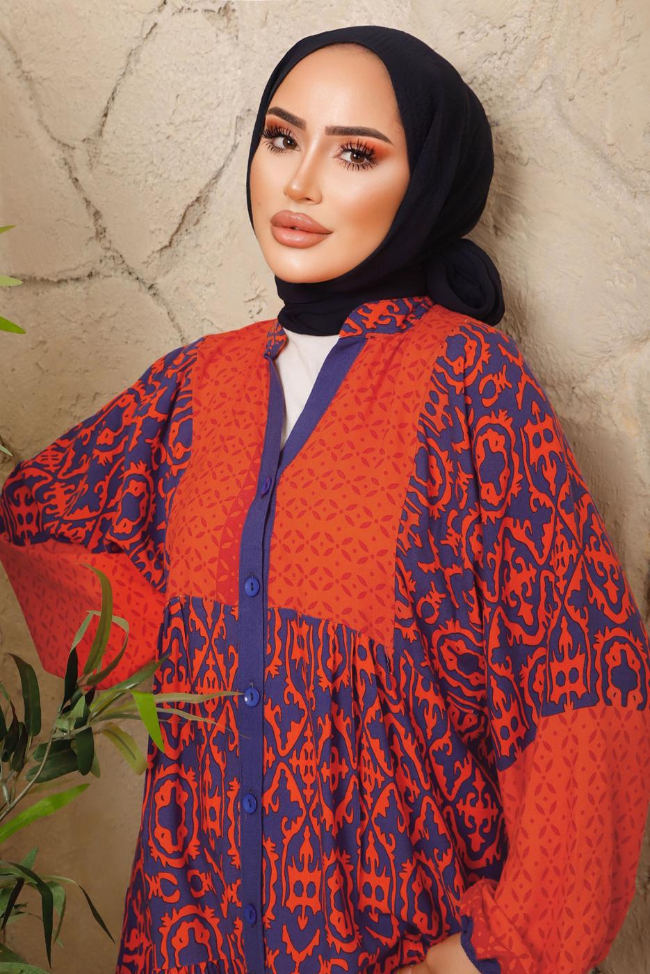 Tesettür giyim TURUNCU ETNİK DESENLİ DÜĞMELİ ELBİSE T 9433-2