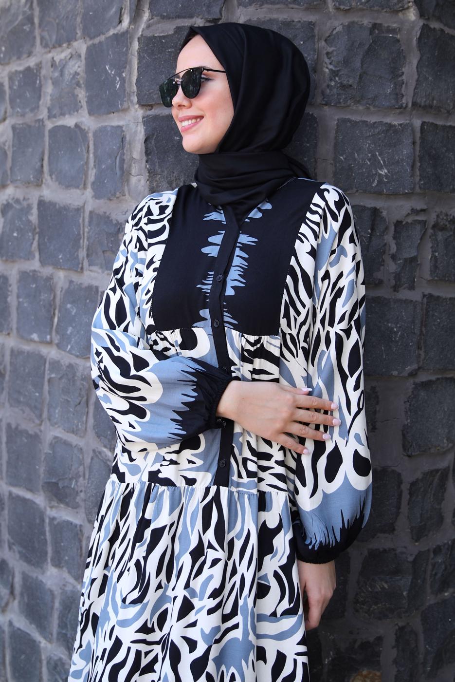 Tesettür giyim SİYAH DESENLİ MANŞETLERİ LASTİKLİ ELBİSE T 9433-3