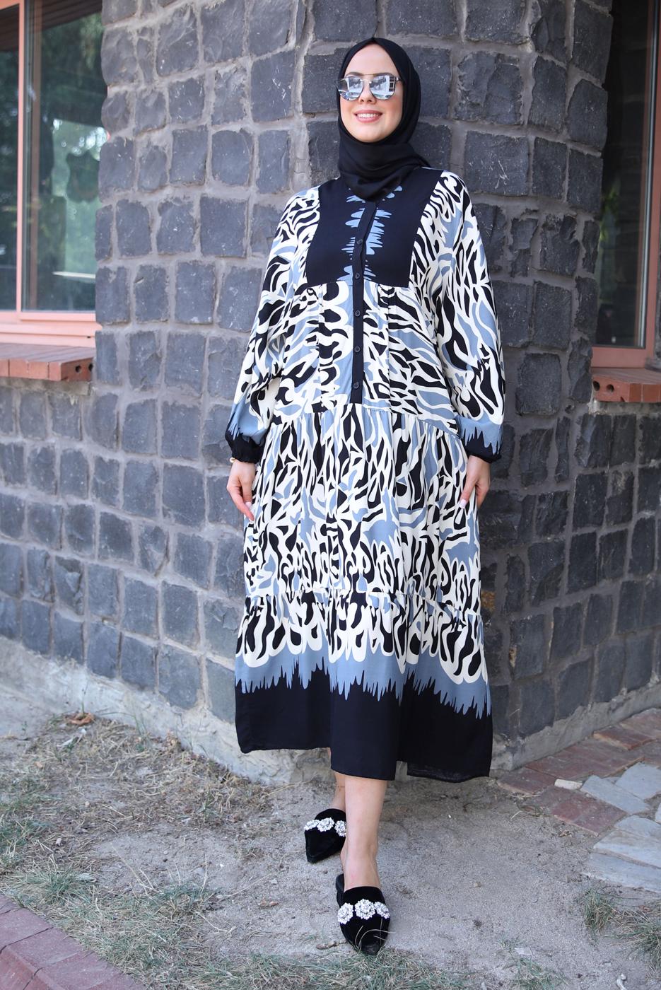 Tesettür giyim SİYAH DESENLİ MANŞETLERİ LASTİKLİ ELBİSE T 9433-3