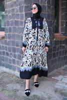 Tesettür giyim SİYAH DESENLİ MANŞETLERİ LASTİKLİ ELBİSE T 9433-3