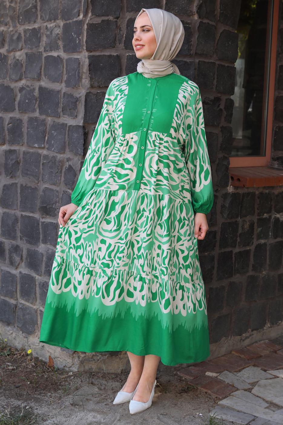 Tesettür giyim YEŞİL DESENLİ MANŞETLERİ LASTİKLİ ELBİSE T 9433-3