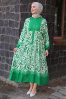 Tesettür giyim YEŞİL DESENLİ MANŞETLERİ LASTİKLİ ELBİSE T 9433-3