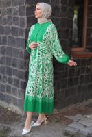 Tesettür giyim YEŞİL DESENLİ MANŞETLERİ LASTİKLİ ELBİSE T 9433-3