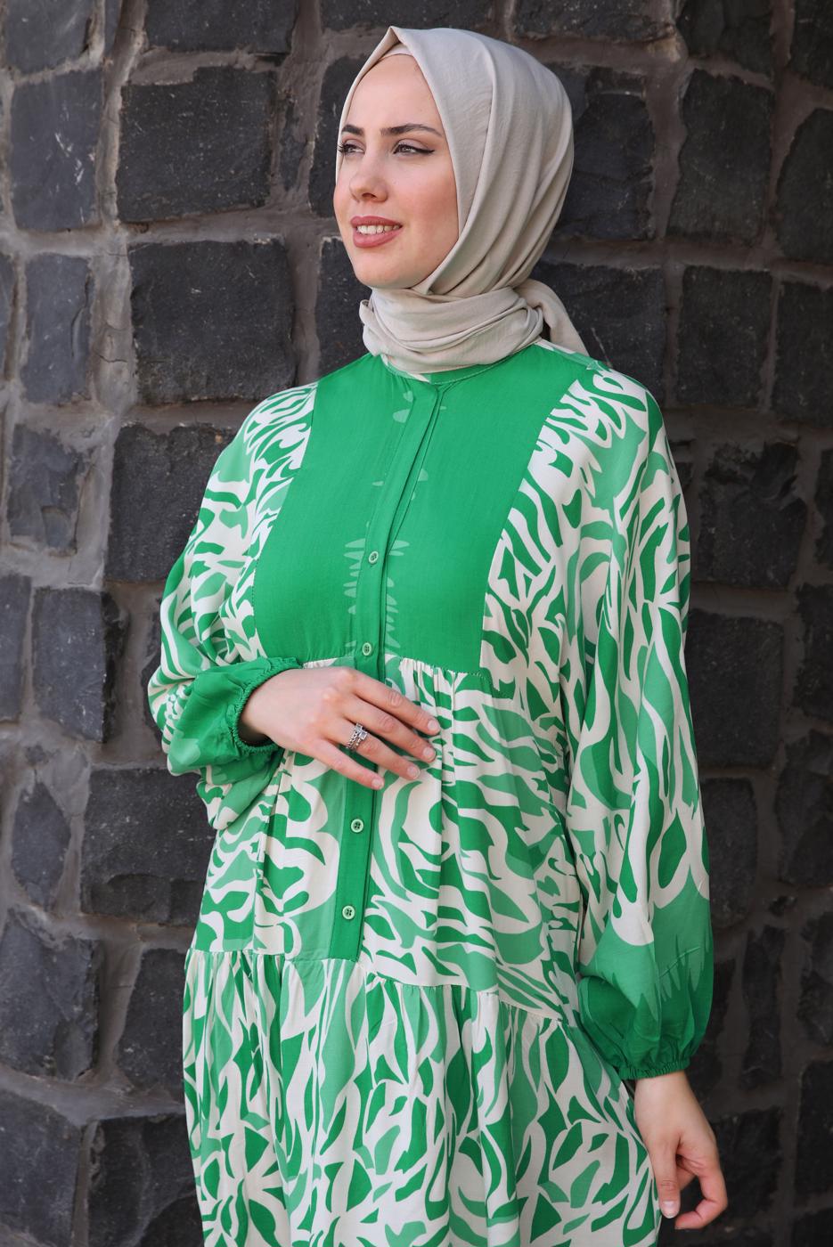 Tesettür giyim YEŞİL DESENLİ MANŞETLERİ LASTİKLİ ELBİSE T 9433-3
