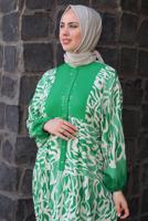 Tesettür giyim YEŞİL DESENLİ MANŞETLERİ LASTİKLİ ELBİSE T 9433-3