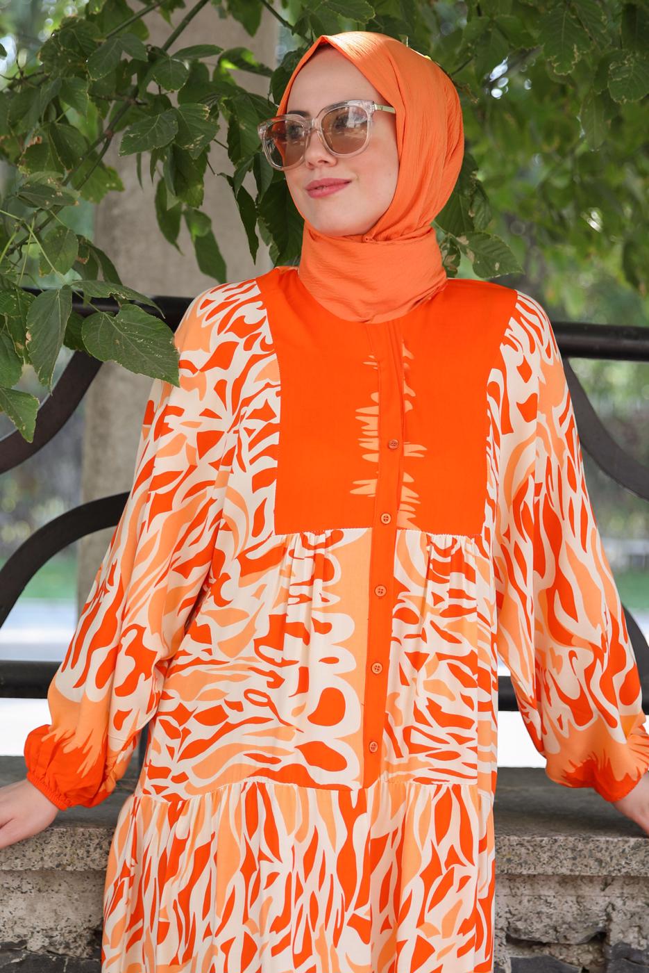 Tesettür giyim TURUNCU DESENLİ MANŞETLERİ LASTİKLİ ELBİSE T 9433-3