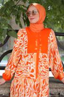 Tesettür giyim TURUNCU DESENLİ MANŞETLERİ LASTİKLİ ELBİSE T 9433-3