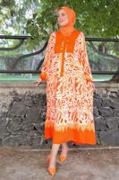 Tesettür giyim TURUNCU DESENLİ MANŞETLERİ LASTİKLİ ELBİSE T 9433-3