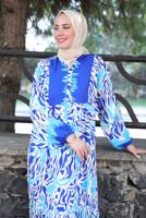 Tesettür giyim LACİVERT DESENLİ MANŞETLERİ LASTİKLİ ELBİSE T 9433-3