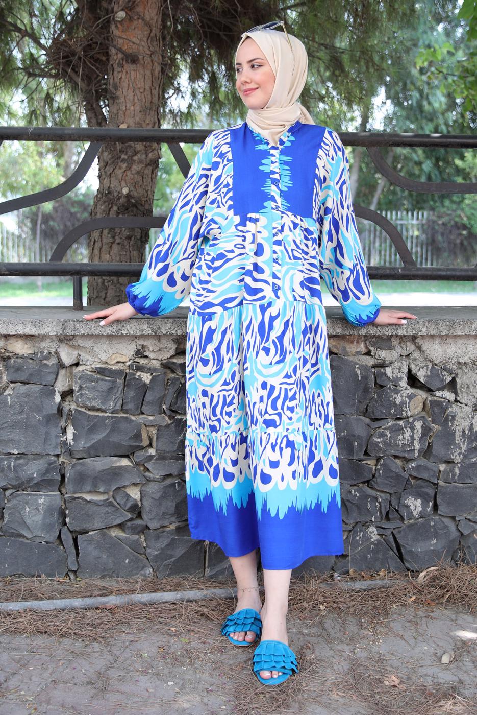 Tesettür giyim LACİVERT DESENLİ MANŞETLERİ LASTİKLİ ELBİSE T 9433-3