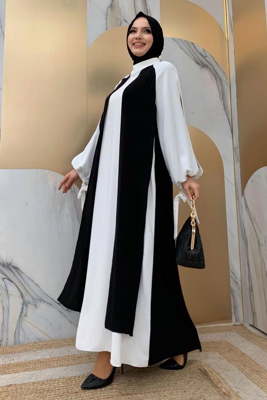 Tesettür giyim SİYAH İKİ RENKLİ MANŞETLERİ BAĞLAMALI ELBİSE T 9973