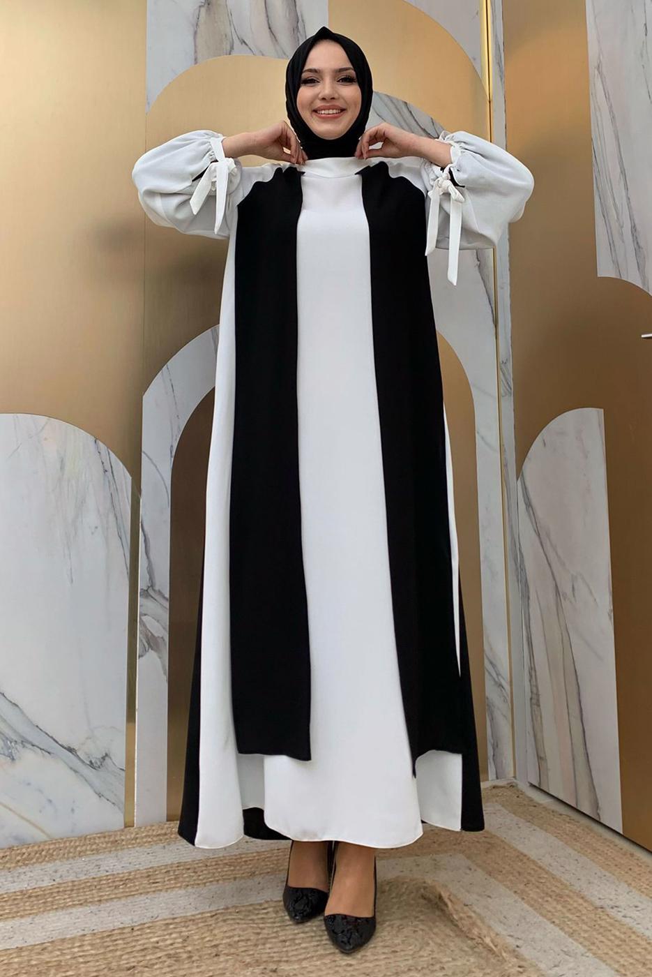 Tesettür giyim SİYAH İKİ RENKLİ MANŞETLERİ BAĞLAMALI ELBİSE T 9973