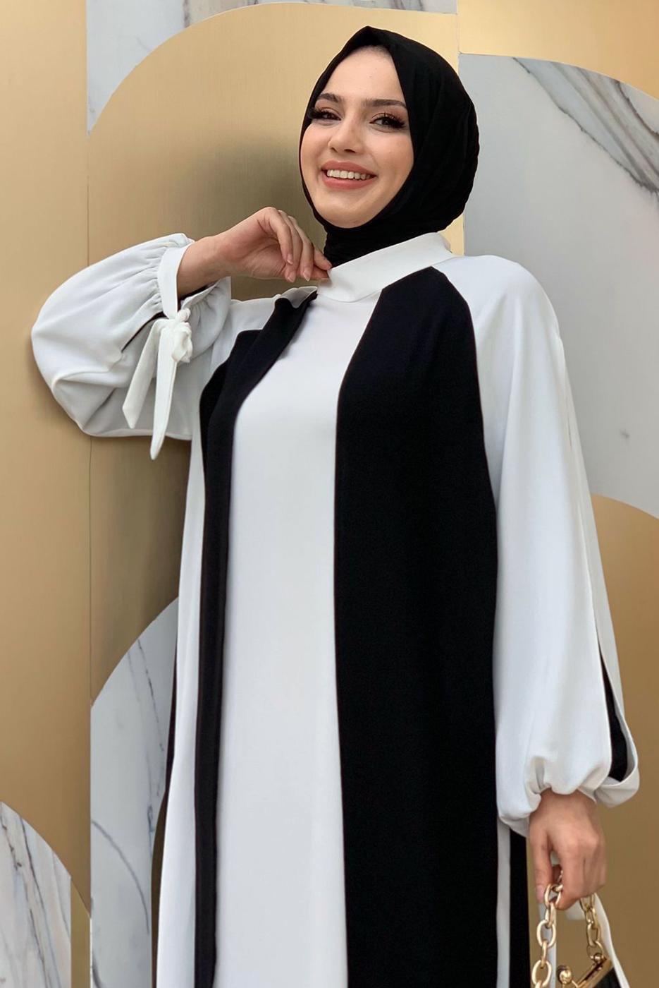 Tesettür giyim SİYAH İKİ RENKLİ MANŞETLERİ BAĞLAMALI ELBİSE T 9973
