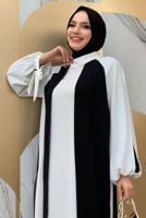 Tesettür giyim SİYAH İKİ RENKLİ MANŞETLERİ BAĞLAMALI ELBİSE T 9973