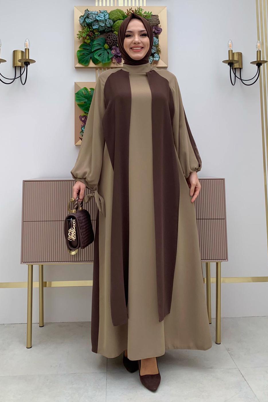 Tesettür giyim KAHVE İKİ RENKLİ MANŞETLERİ BAĞLAMALI ELBİSE T 9973