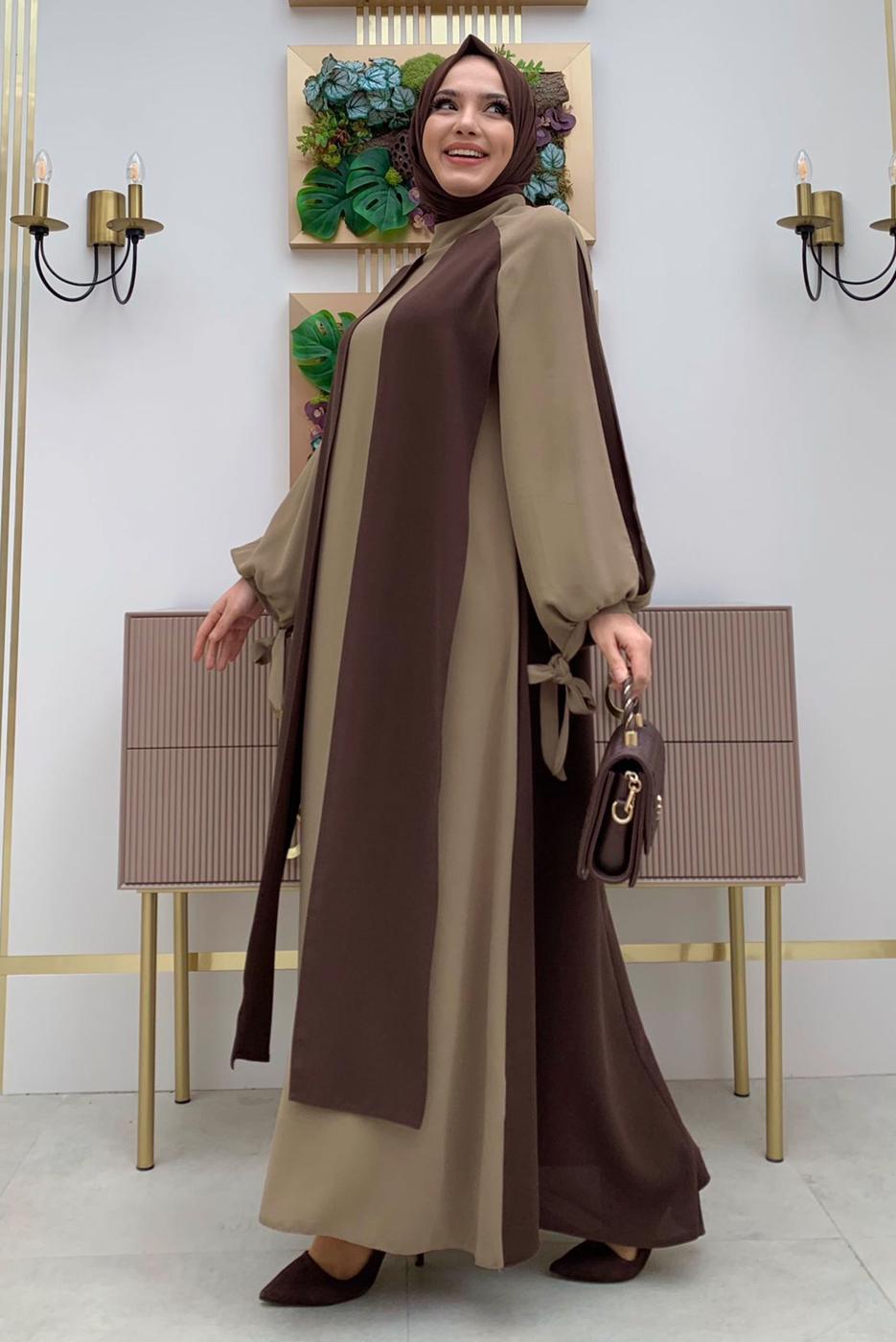 Tesettür giyim KAHVE İKİ RENKLİ MANŞETLERİ BAĞLAMALI ELBİSE T 9973